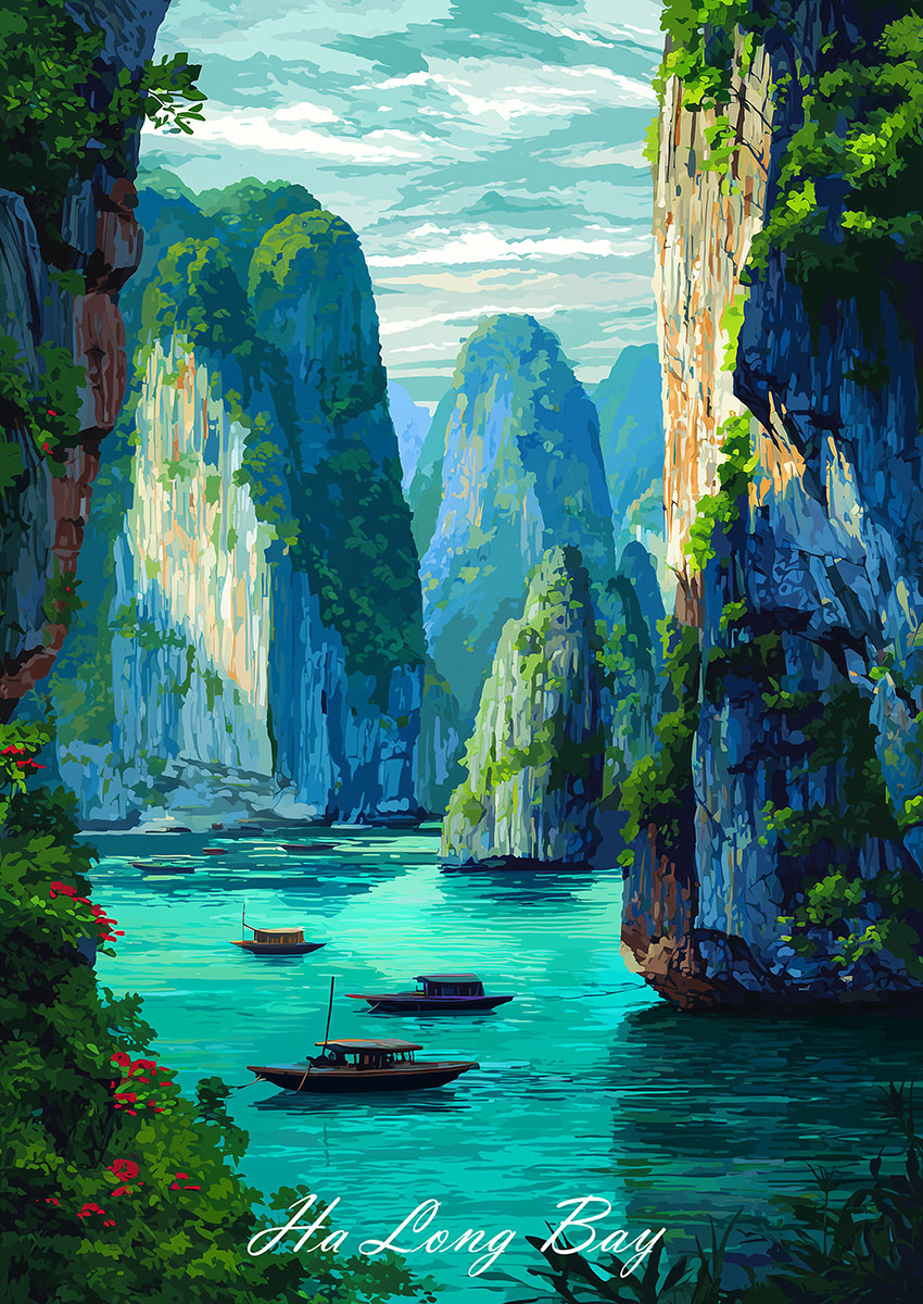 Artistic depiction of Ha Long Bay with dramatic cliffs and turquoise waters.